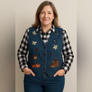 Vintage Karen Scott Deadstock Denim Fall Pumpkin Harvest Embroidered Vest